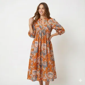 Premium Orange Cotton Floral Block Print Midi <b>Dress</b> With Puff Sleeve <b>Loose</b> Fit V-Neck Casual Summer <b>Dress</b> - Product Image 4