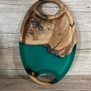 Premium Artisan Turquoise <b>Epoxy</b> Resin Walnut Wood Deep Serving Tray With Integrated Handles For Hotel Restaurant Kitchen Platter - Product Image 3