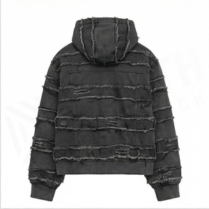 Men's Oversized Hooded Denim Jacket With <b>Fringe</b> Detail Streetwear Style Autumn Wear - Product Image 6