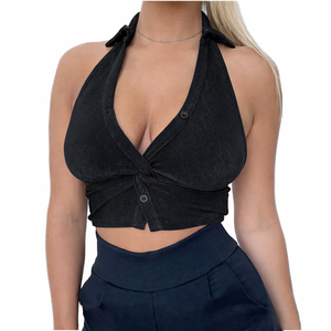 2026 Summer New V-neck <b>Top</b> Hanging Neck Open Back Sexy Slim Fit Small <b>Top</b> - Product Image 1