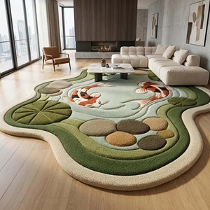 Inspired Hand-Tufted Wool Koi Pond Rug | 3D Embossed Texture Forest <b>Floor</b> Koi Fish Rug for Living room, Bedroom, Dining Decor - Product Image 1