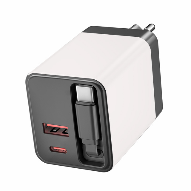 Foldable Plug 65W GaN USB C Charger With Retractable Cable Dual Port Adapter PD QC3.0 Fast Charging for iPhone Laptop Travel