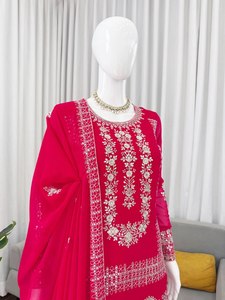 ชุดสาหรี่แบบปักลายผ้าจอร์เจียต์เทียมสำหรับผู้หญิง สีแดงชมพู เหมาะสำหรับงานแต่งงานและงานปาร์ตี้ - Product Image 2
