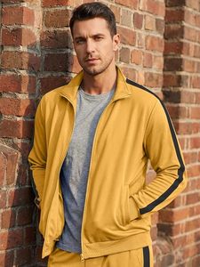 Chándal Amarillo Sólido para Hombre, Manga Larga, Cierre de Cremallera, Ropa Casual, Corte Regular, Atuendo de Otoño, Bolsillos Laterales, Poliéster - Product Image 5