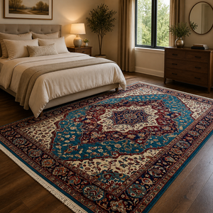 Tapis de luxe en laine tufté à la main de style persan, motif floral traditionnel, bleu, ivoire, rouge, vintage, en latex, pour voyage - Product Image 3