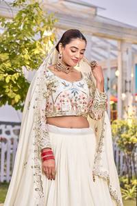 Ensemble Lehenga Choli Dupatta brodé crème pour femme, tenue de mariage en soie, robe ethnique vintage - Product Image 2