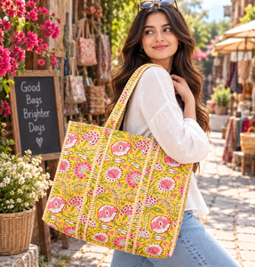 Handmade Washable Tote <b>Bag</b> Zipper Open Top Floral Print Quilted Cotton Lining for Women Large Space Beach Travel Shopping <b>Bag</b> - Product Image 1