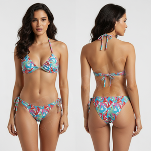 Colorful Trendy Professional Triangle Custom Logo Bikini Set Adjustable Tie Halter Top & Side-Tie Bottom Summer Beach Swimwear - Product Image 3