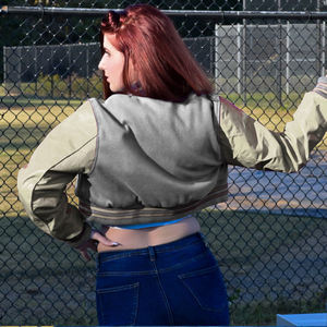 Veste courte universitaire pour femme, style Letterman, gris beige, avec manches en similicuir, vêtement d'extérieur décontracté, mode féminine - Product Image 5