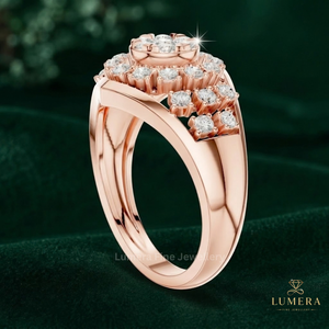 <b>Vintage</b> Inspired Lab Grown Round Diamond Cluster <b>Ring</b> With Layered Halo, Elevated Open Basket Setting And <b>Gold</b> Band <b>Ring</b> - Product Image 3
