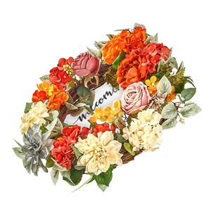 Ghirlanda Decorativa Artificiale alla Moda da 24 Pollici in Rosso, Arancione e Giallo con Ortensie, Rose e Targa in Legno - Product Image 3