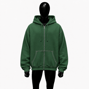 Sweat-shirt à capuche zippé vert oversize pour homme, style streetwear, épaules tombantes, surpiqûres contrastées, décontracté, avec cordon de serrage - Product Image 1