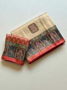 Traditional <b>Silk</b> Saree With Floral Motifs And <b>Red</b> Border For Wedding Wear - Product Image 1