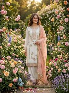 Ensemble prêt-à-porter BLOSSOM FABRIC pour femme : haut, pantalon et dupatta en soie chinon, broderie lourde, idéal pour les fêtes, mariages et Diwali - Product Image 5