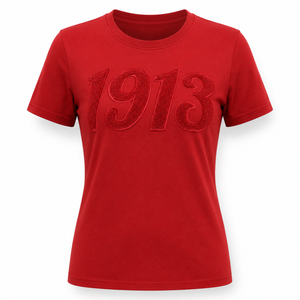 Camiseta Personalizada con Letras Griegas para Mujer, Color Rojo, Negro y Crema, Chenille 1913 DST, para Verano, Cuello en V, Corte Ajustado, 100% Algodón - Product Image 1
