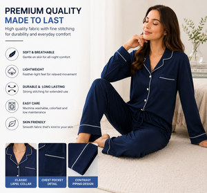 Women's Casual 2-Piece Polyester/Cotton Knitted Breathable Pajama Set Long Sleeve Button-Up Top Pants Soft Sleepwear Lounge Wear - Product Image 2
