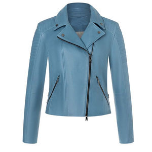 Veste en cuir véritable pour femme, bleue, matelassée, style motard, coupe ajustée, décontractée, tendance, style café racer, best-seller - Product Image 1