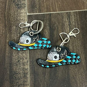 Porte-clés en cuir de vachette façonné à la main style western, motif chapeau et cartes à jouer, design carreaux Rodeo, cadeau souvenir en gros - Product Image 6