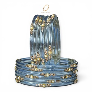 Bracelets indiens tendance en verre bleu kashmiri en forme de goutte d'eau, ornés de cristaux floraux, pour mariage et occasions festives, prix de gros - Product Image 3