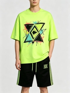 T-shirt à manches courtes pour homme Zhilian, coupe classique, vert fluo, broderie sur le devant, col rond décontracté, jersey 100% coton respirant - Product Image 3