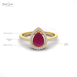 Rubí birmano auténtico de 8x6 mm en forma de lágrima con halo de diamantes, anillo de oro amarillo macizo de 14 quilates, joyería de boda hecha a mano para ella. - Product Image 2