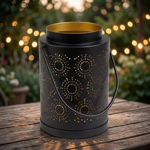 Matte Black Metal Candle <b>Lantern</b> With <b>Gold</b> Dot Pattern Cylinder Home Decoration - Product Image 1