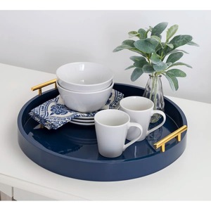 Modern Round Metal Decorative Tray <b>Navy</b> Blue Finish with Gold Handles for Coffee Table Use - Product Image 2