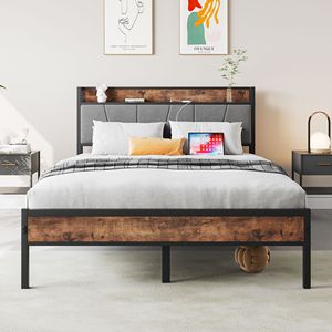 Letto Matrimoniale Solido e Stabile con Testiera Contenitore, Stazione di Ricarica, Facile Montaggio, Senza Box Spring, Imbottito, Silenzioso - Product Image 1