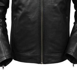 <b>Men's</b> Genuine <b>Leather</b> Slim Breathable Cotton Filled Moto Biker <b>Jacket</b> Mandarin Collar Waterproof Zipper Closure Winter Front - Product Image 4