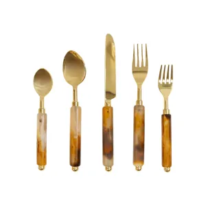 Premium Modern Gold Plated Stainless Steel Flatware Sets Resin Handle Place Setting Dinnerware Spoon Fork Custom Box Packaging - Product Image 1
