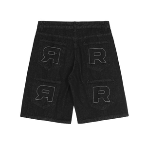 Men’s Black Denim Shorts Wing Stitch Design Loose Fit Knee Length Baggy Jean Shorts Casual Streetwear Summer Fashion - Product Image 2