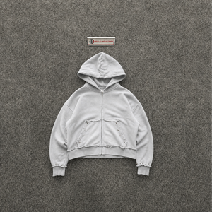 Sweat à capuche 100% coton épais gris clair, coupe oversize, entièrement zippé, effet délavé vintage, esthétique intemporelle et contemporaine - Product Image 5
