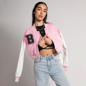 Direct Factory Supplier Women's Winter Cropped <b>Varsity</b> Baseball <b>Jacket</b> with Sheepskin Trim Cotton Breathable Windproof - Product Image 1