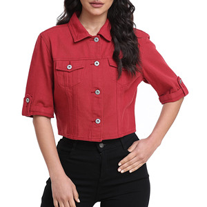 Wholesale Long Sleeve With Button Cuff Cropped Denim Jacket For Women's Customized Logo Solid Color Quick Dry Denim Jacket - Product Image 3