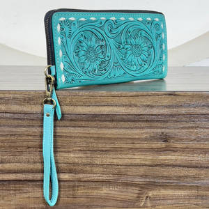 Cartera de mano con cremallera de cuero genuino repujado a mano con diseño floral turquesa, estilo occidental para mujer, para guardar tarjetas de crédito y efectivo, ideal para compras. - Product Image 3