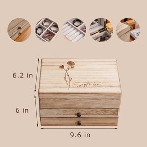 Wood Jewelry Storage <b>Box</b> Carbonized Wooden <b>Keepsake</b> Case with Drawers and Velvet Pouch Custom Logo Gift <b>Box</b> - Product Image 1
