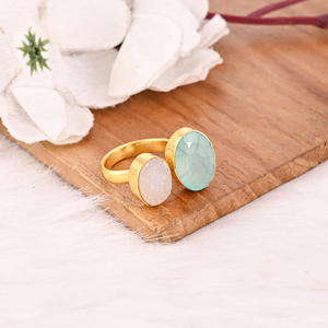 White Druzy Aqua Chalcedony <b>Two</b> <b>Stone</b> <b>Ring</b> Gold Plated Adjustable Fashion Jewelry for Women - Product Image 2