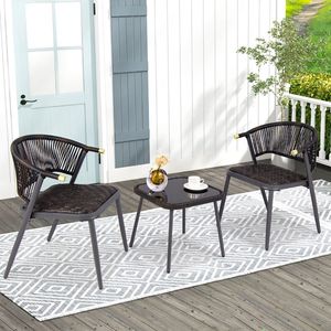 Set di Mobili da Esterno in Rattan 3 Pezzi con Piano in Vetro Temperato per Cortile, Bordo Piscina, Hotel, Giardino - Product Image 2