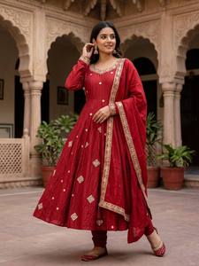 <b>Red</b> <b>Silk</b> Modern Kurta/Kurti Anarkali Dress Floor Length Traditional Wedding Wear for Women India Pakistan Style - Product Image 4