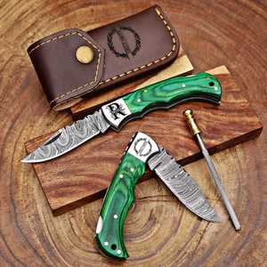 Couteau EDC à verrouillage manuel en acier Damas fait main, manche en bois, pointe droite, compact, pliable, pour la chasse et les activités de plein air - Product Image 6
