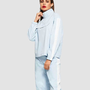 Ensemble de survêtement sportif bleu clair pour femmes, 2 pièces, manches trois quarts, col court, coupe ample, respirant, polyester/nylon - Product Image 1