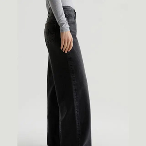Vaqueros de mujer de moda, personalizados, lavables, holgados, vintage, de tiro medio, con bolsillos, transpirables, de ajuste relajado, de mezclilla, de verano, de pierna ancha, tipo cargo, negros. - Product Image 5