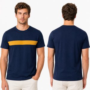 Camiseta de Manga Corta Azul Marino para Hombre con Ribete en Contraste Amarillo, Corte Regular, Cuello Redondo, Estilo Casual - Product Image 1