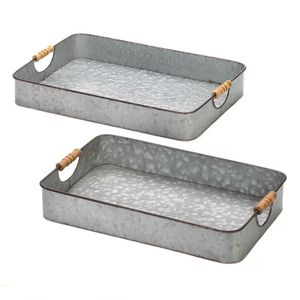 Plateau de service rectangulaire en métal avec poignées en bois, design rétro durable, motif uni - Product Image 1