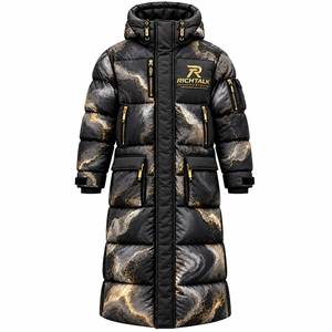 Veste longue à capuche pour homme, imprimé marbré rouge, rembourrée de duvet, coupe-vent, style sportif d'hiver avec fermeture éclair - Product Image 2