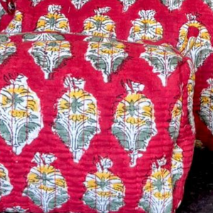Red Yellow Hand Block Print Quilted Floral Cotton Cosmetic Bag Set Portable Zip Closure PVC Lining Durable Travel Storage Gift - Product Image 4
