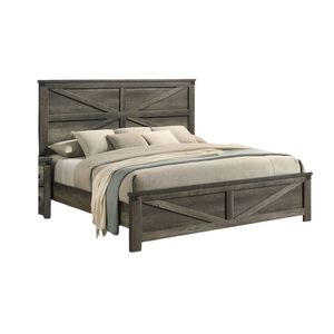 Letto Queen Size Grigio Rustico con Testiera dal Design Unico, Arredamento Semplice in Legno per Camera da Letto con Dettagli in Metallo - Product Image 4