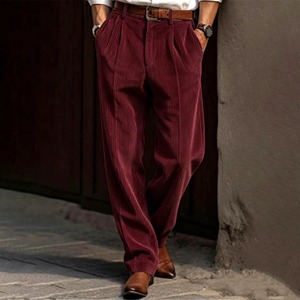 Men's Corduroy Trousers vintage High <b>elastic</b> Waist Pleated straight leg Loose Casual Fashion Breathable Straight Leg Gray Brown - Product Image 4