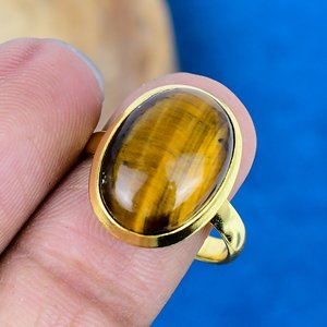 Handmade Natural <b>Tiger</b> <b>Eye</b> Oval Gemstone <b>Ring</b> Gold Micron Over 925 Sterling Silver - Product Image 3