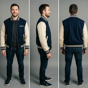 Veste en laine bleu marine pour homme avec manches crème, col et poignets en tricot côtelé, fermeture éclair intégrale, streetwear décontracté haut de gamme, veste bicolore personnalisée - Product Image 6